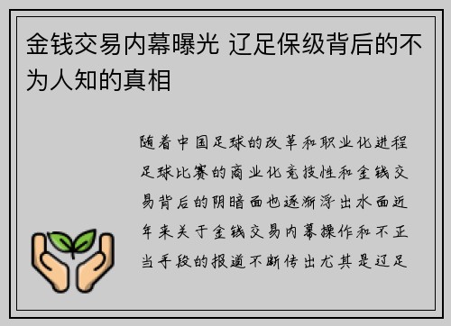 金钱交易内幕曝光 辽足保级背后的不为人知的真相