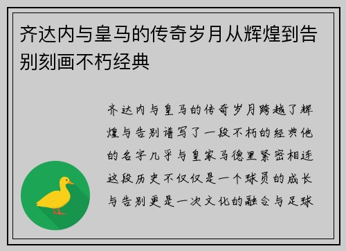 齐达内与皇马的传奇岁月从辉煌到告别刻画不朽经典