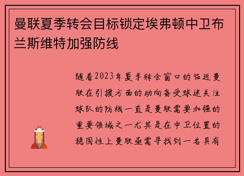 曼联夏季转会目标锁定埃弗顿中卫布兰斯维特加强防线