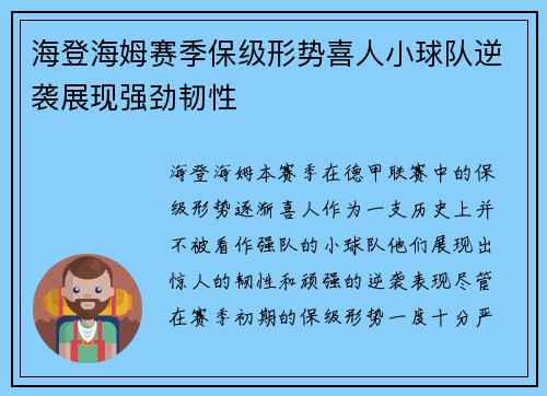 海登海姆赛季保级形势喜人小球队逆袭展现强劲韧性